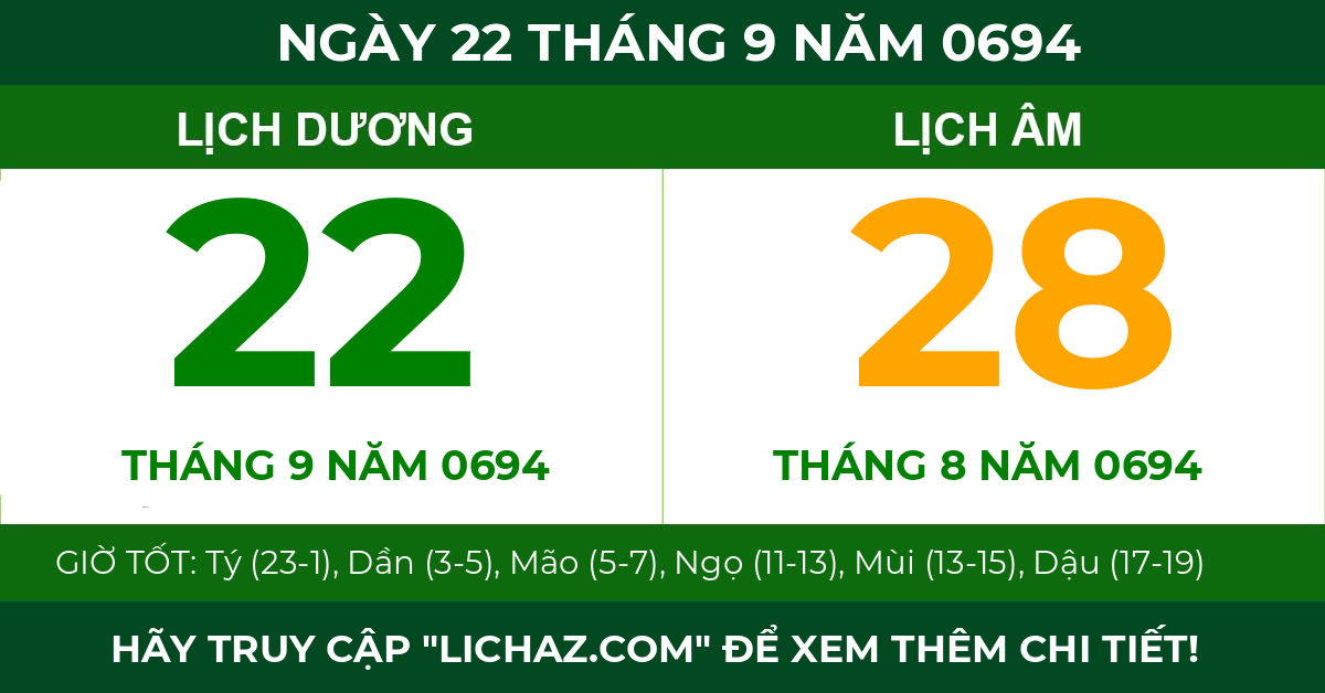 lịch âm ngày 22 tháng 9 năm 0694