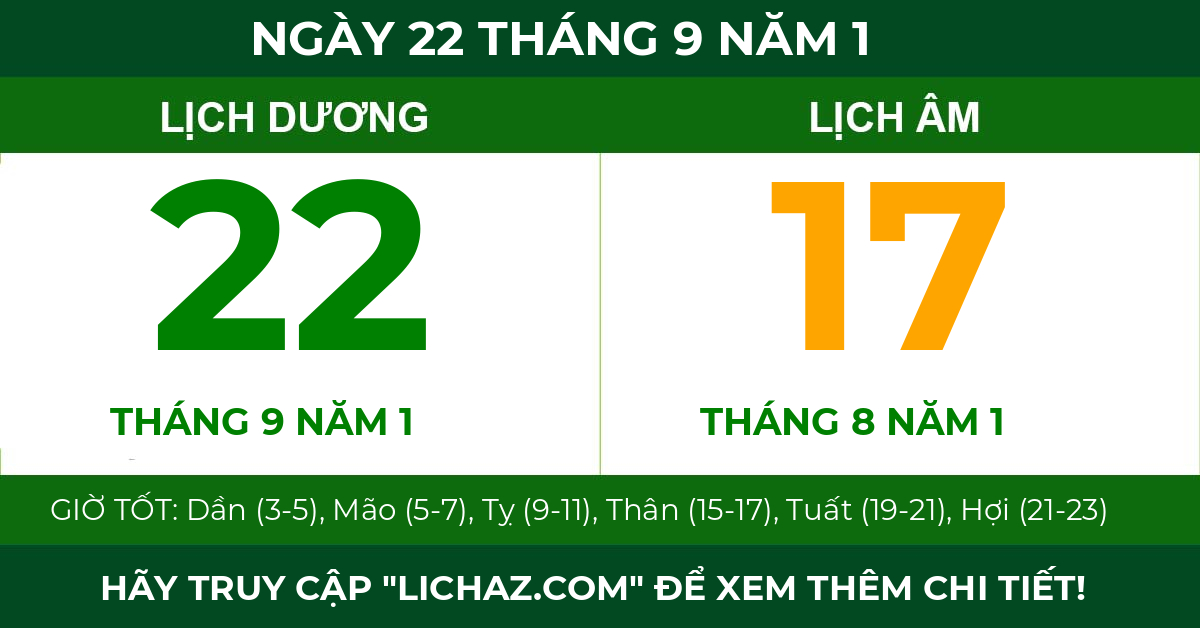 lịch âm ngày 22 tháng 9 năm 1