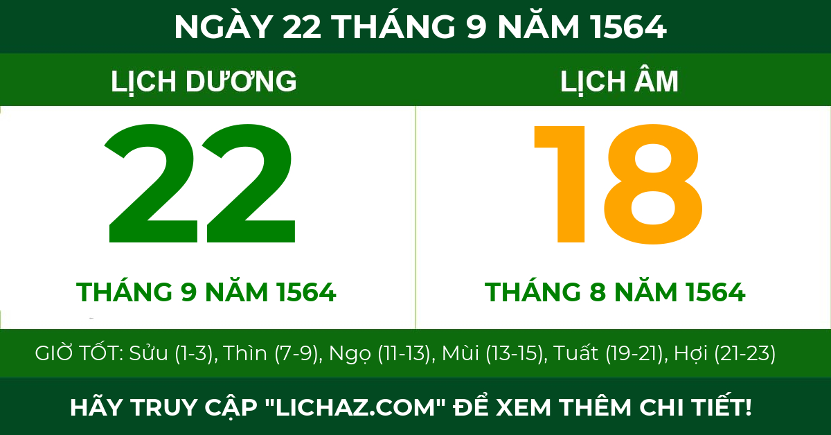 lịch âm ngày 22 tháng 9 năm 1564