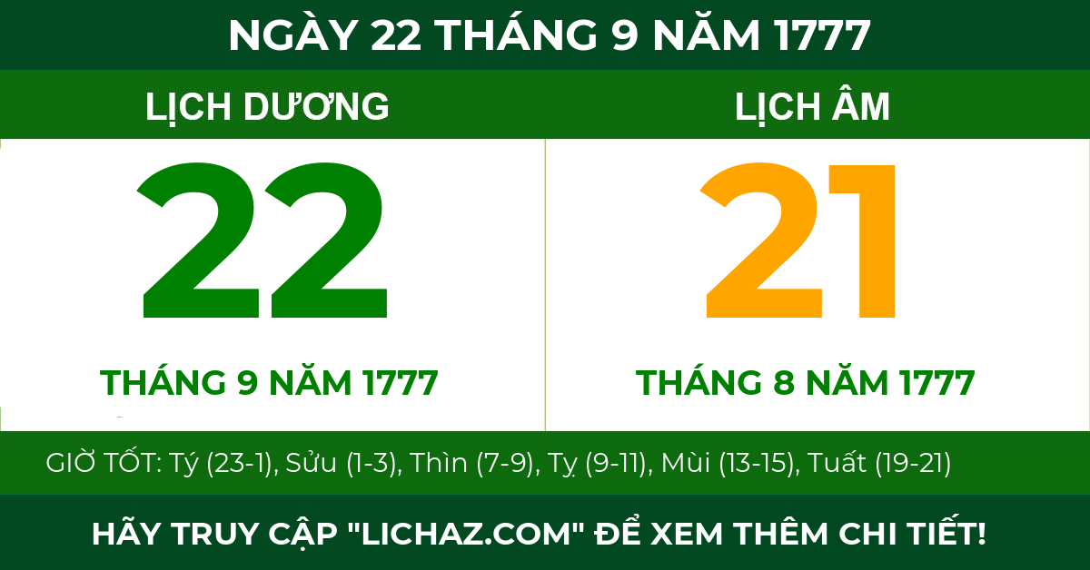 lịch âm ngày 22 tháng 9 năm 1777