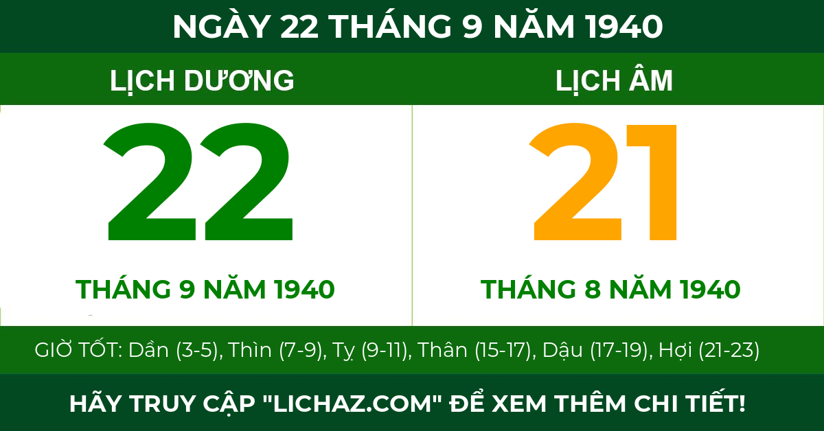 lịch âm ngày 22 tháng 9 năm 1940
