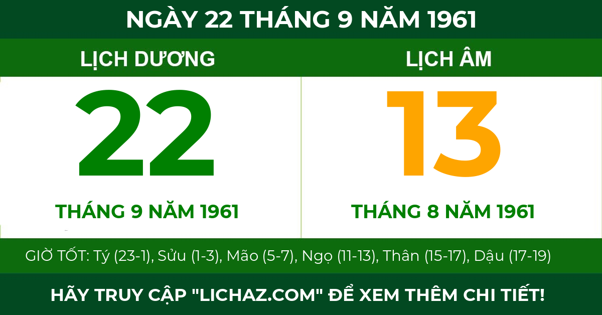 lịch âm ngày 22 tháng 9 năm 1961