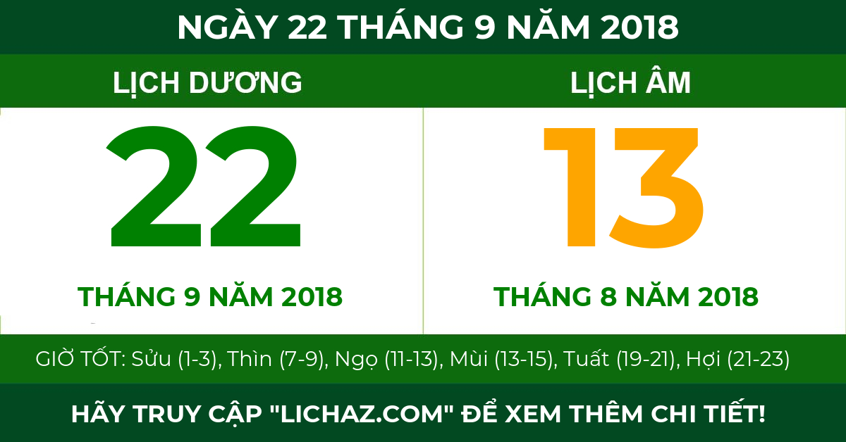 lịch âm ngày 22 tháng 9 năm 2018