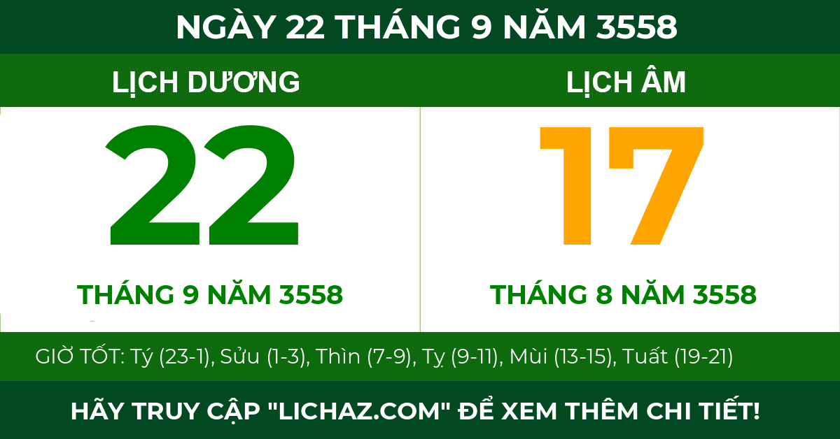 lịch âm ngày 22 tháng 9 năm 3558