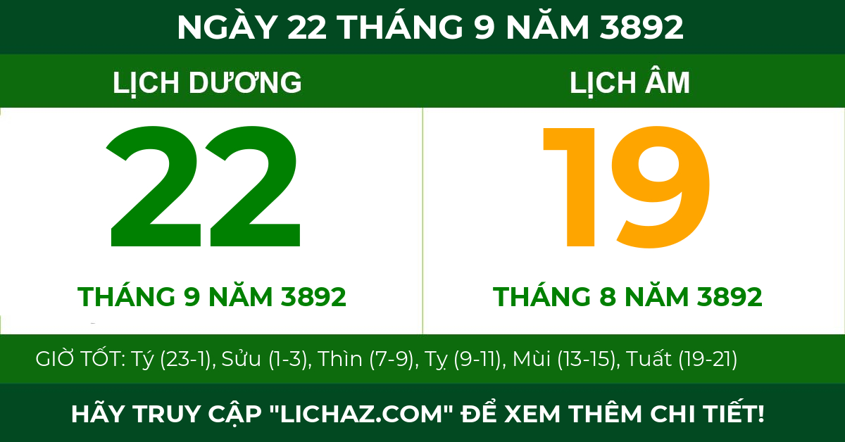 lịch âm ngày 22 tháng 9 năm 3892