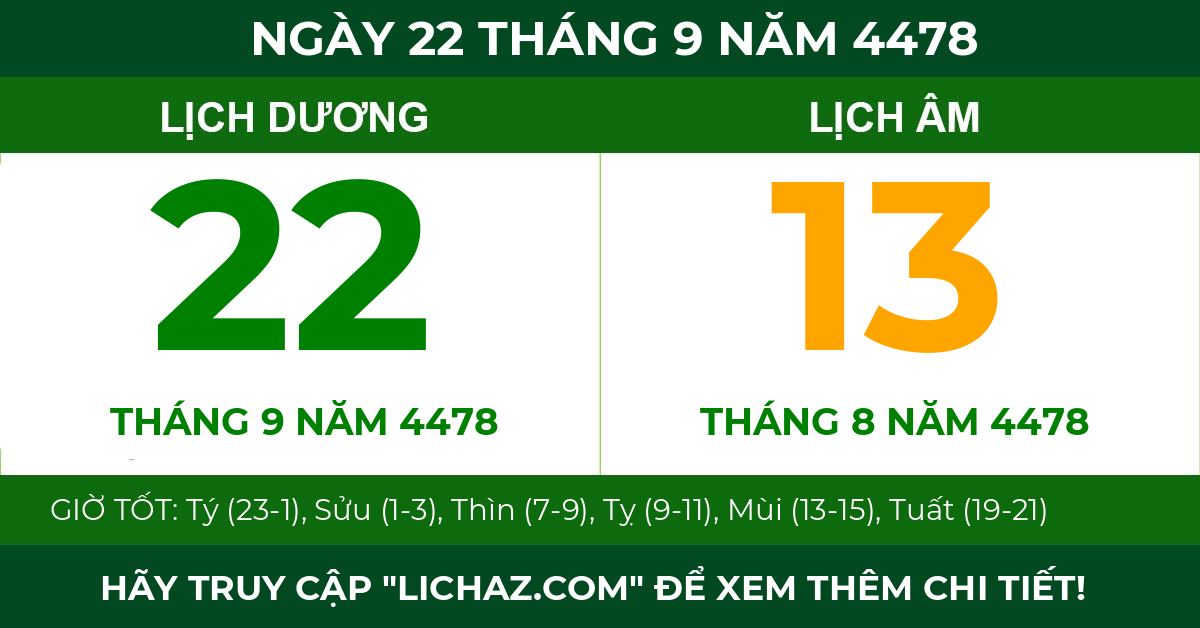 lịch âm ngày 22 tháng 9 năm 4478