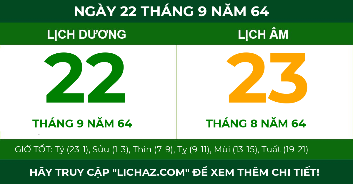 lịch âm ngày 22 tháng 9 năm 64