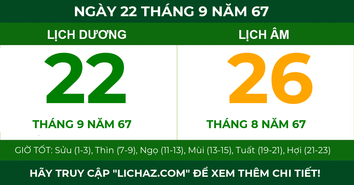 lịch âm ngày 22 tháng 9 năm 67