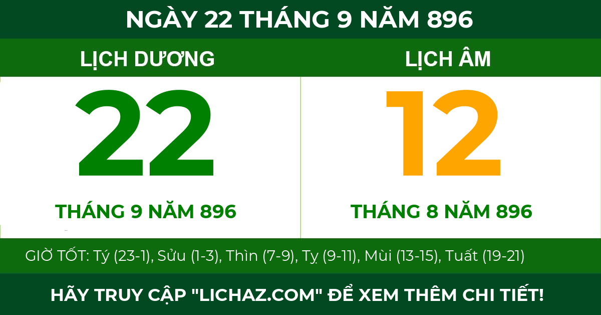 lịch âm ngày 22 tháng 9 năm 896