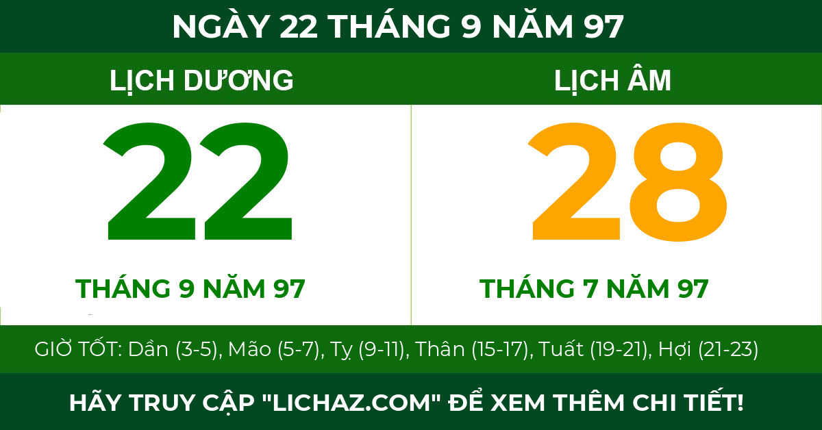 lịch âm ngày 22 tháng 9 năm 97