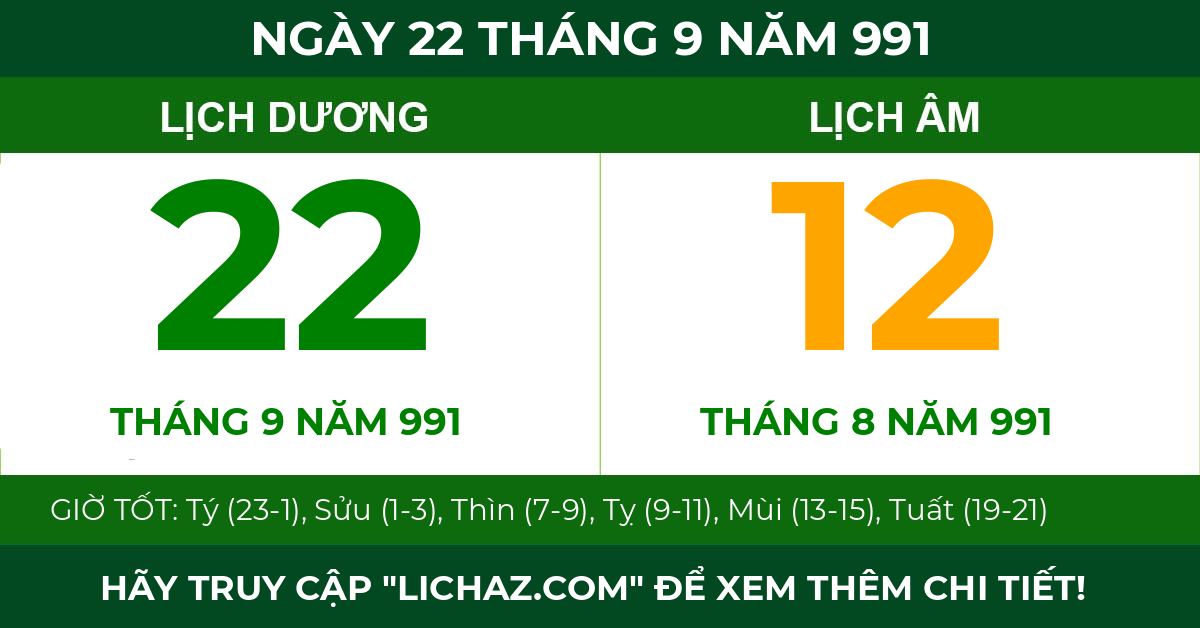 lịch âm ngày 22 tháng 9 năm 991