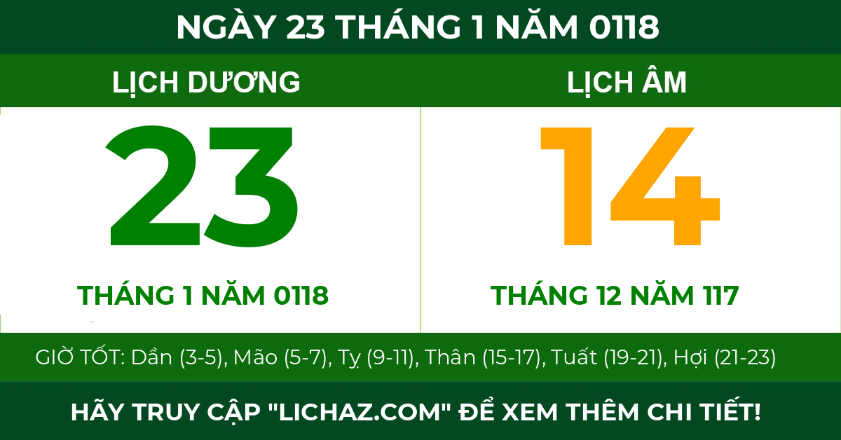 lịch âm ngày 23 tháng 1 năm 0118