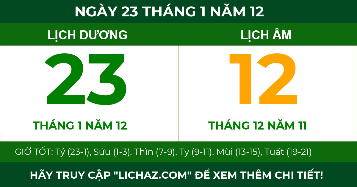 lịch âm ngày 23 tháng 1 năm 12