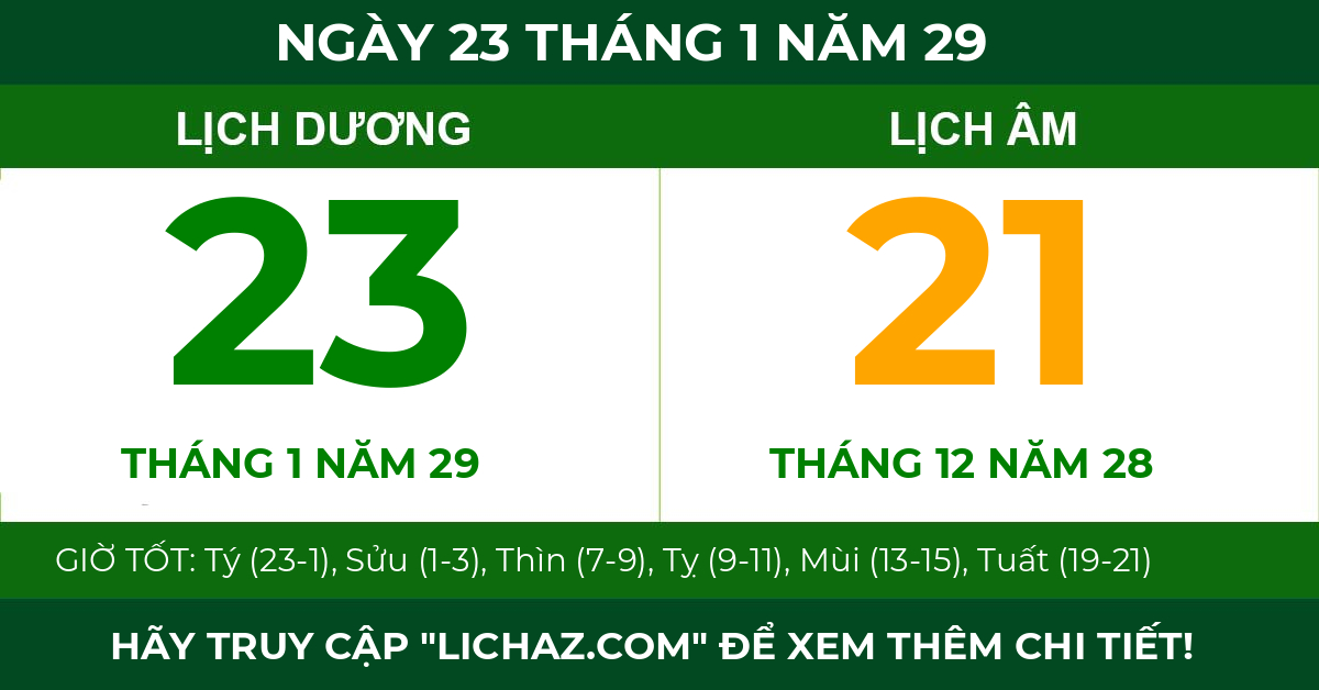 lịch âm ngày 23 tháng 1 năm 29
