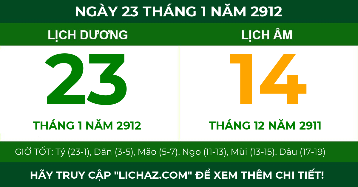 lịch âm ngày 23 tháng 1 năm 2912