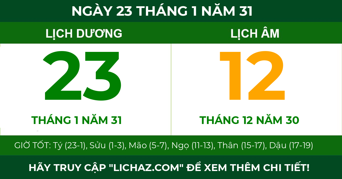 lịch âm ngày 23 tháng 1 năm 31