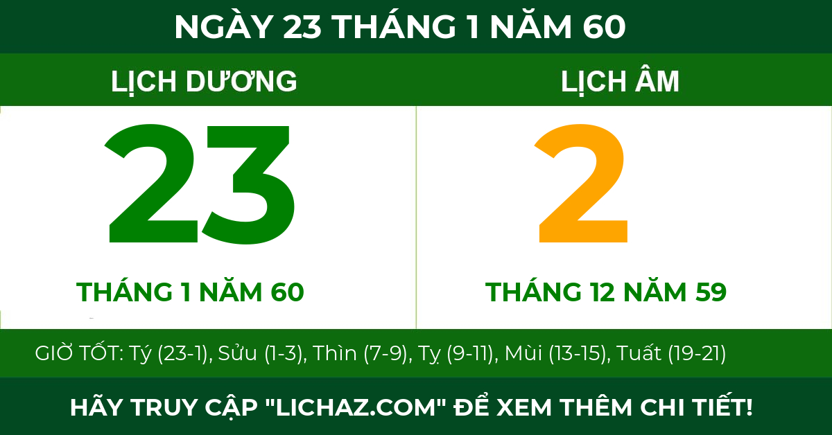 lịch âm ngày 23 tháng 1 năm 60