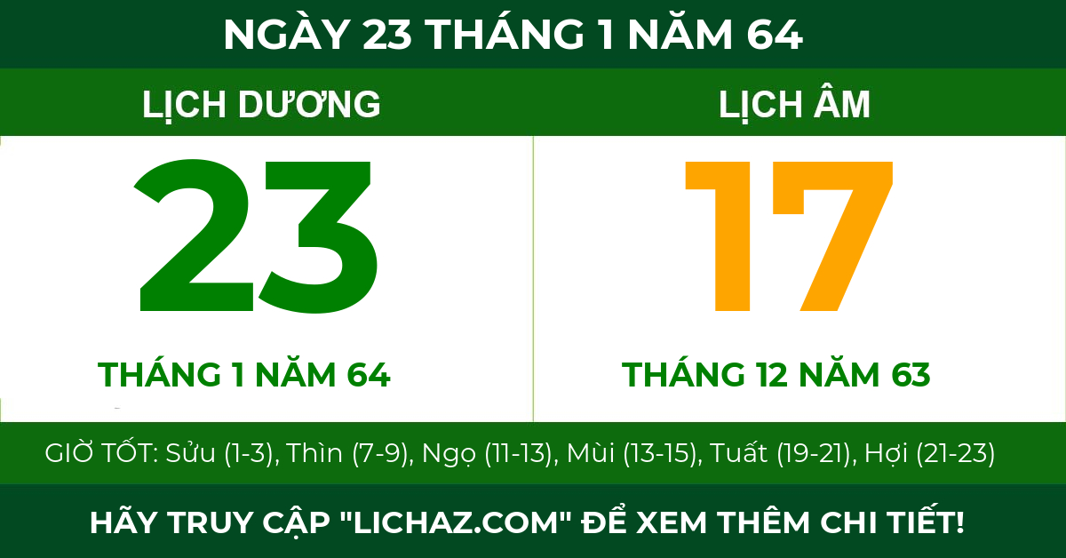 lịch âm ngày 23 tháng 1 năm 64