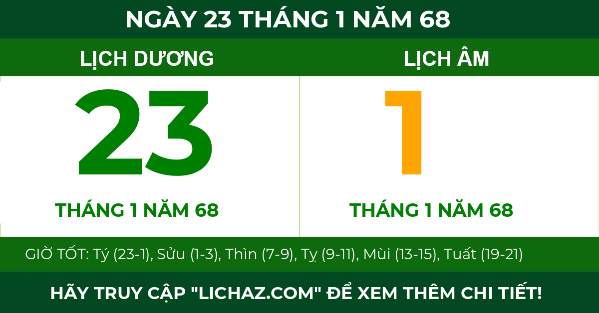 lịch âm ngày 23 tháng 1 năm 68