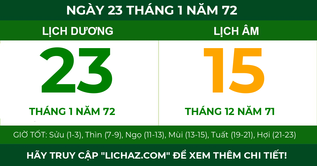 lịch âm ngày 23 tháng 1 năm 72