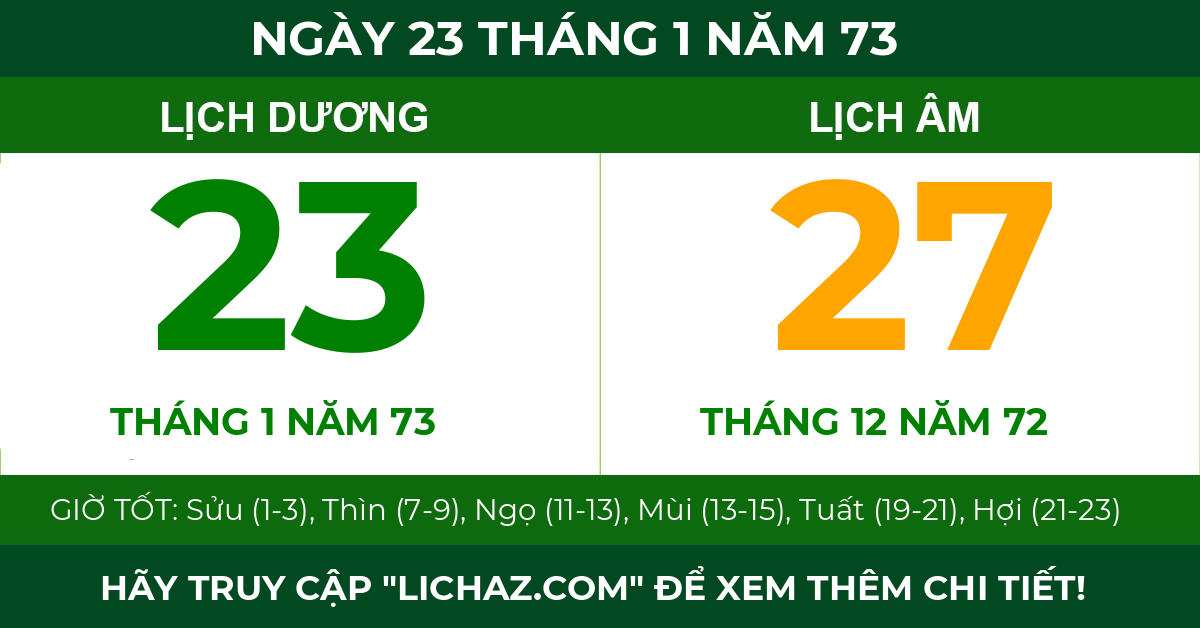 lịch âm ngày 23 tháng 1 năm 73