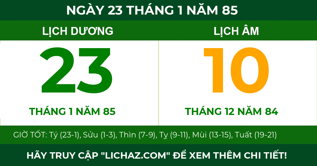 lịch âm ngày 23 tháng 1 năm 85