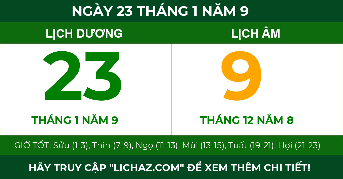 lịch âm ngày 23 tháng 1 năm 9