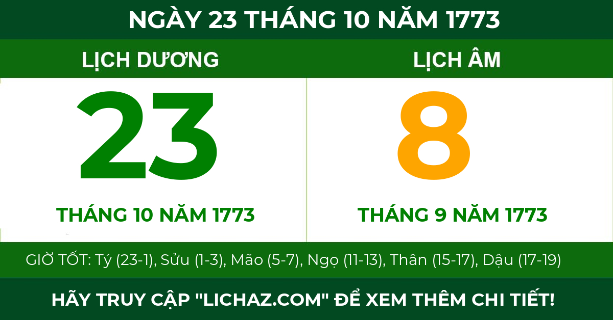 lịch âm ngày 23 tháng 10 năm 1773