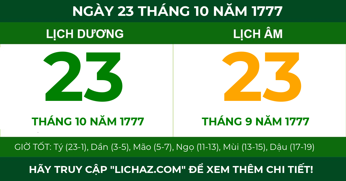 lịch âm ngày 23 tháng 10 năm 1777