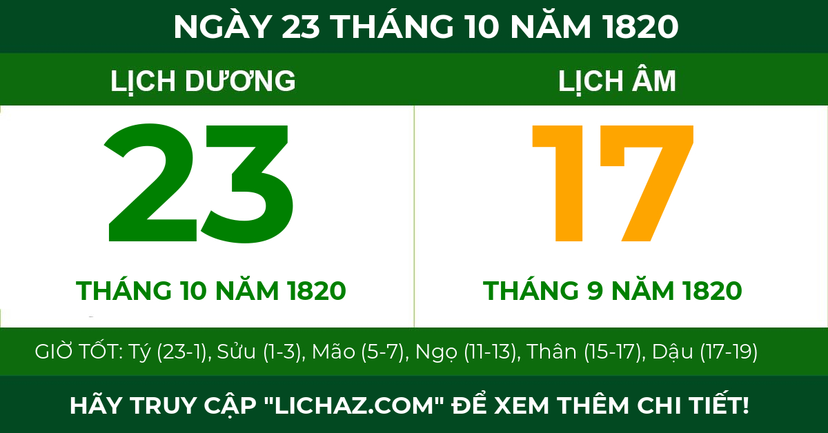 lịch âm ngày 23 tháng 10 năm 1820