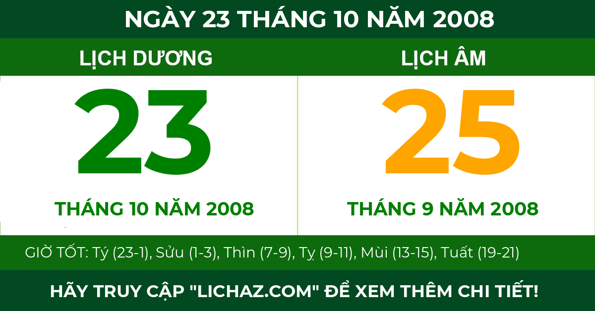 lịch âm ngày 23 tháng 10 năm 2008