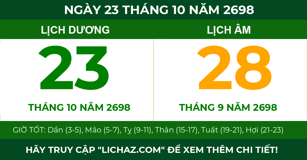 lịch âm ngày 23 tháng 10 năm 2698