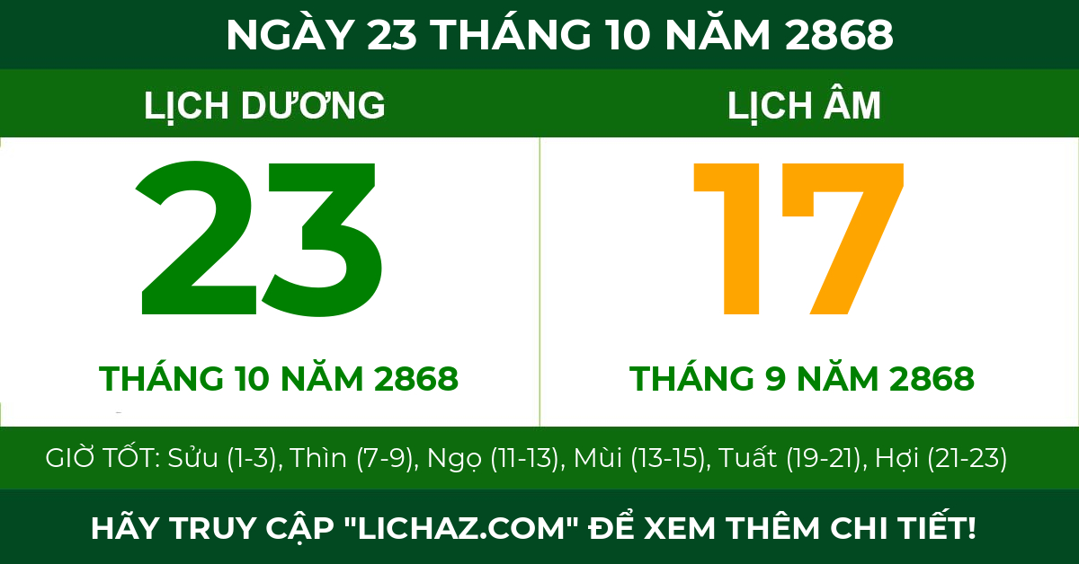 lịch âm ngày 23 tháng 10 năm 2868