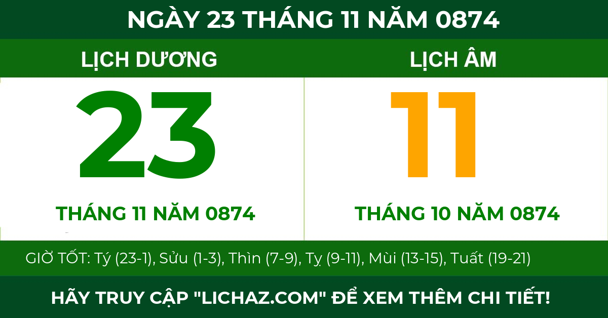 lịch âm ngày 23 tháng 11 năm 0874