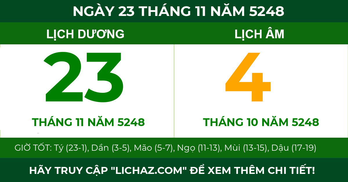 lịch âm ngày 23 tháng 11 năm 5248