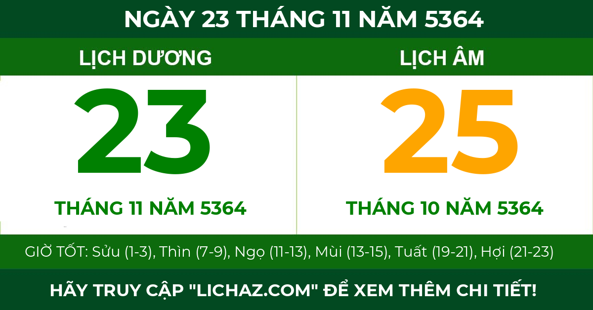 lịch âm ngày 23 tháng 11 năm 5364