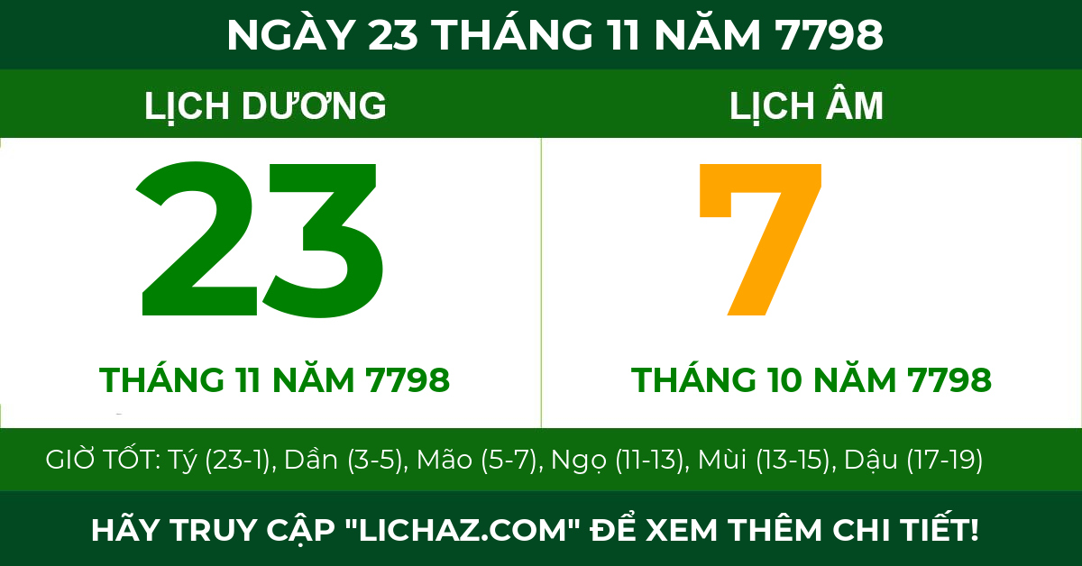 lịch âm ngày 23 tháng 11 năm 7798