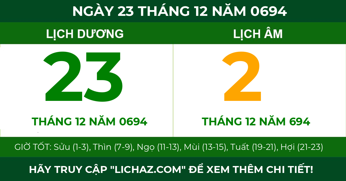 lịch âm ngày 23 tháng 12 năm 0694