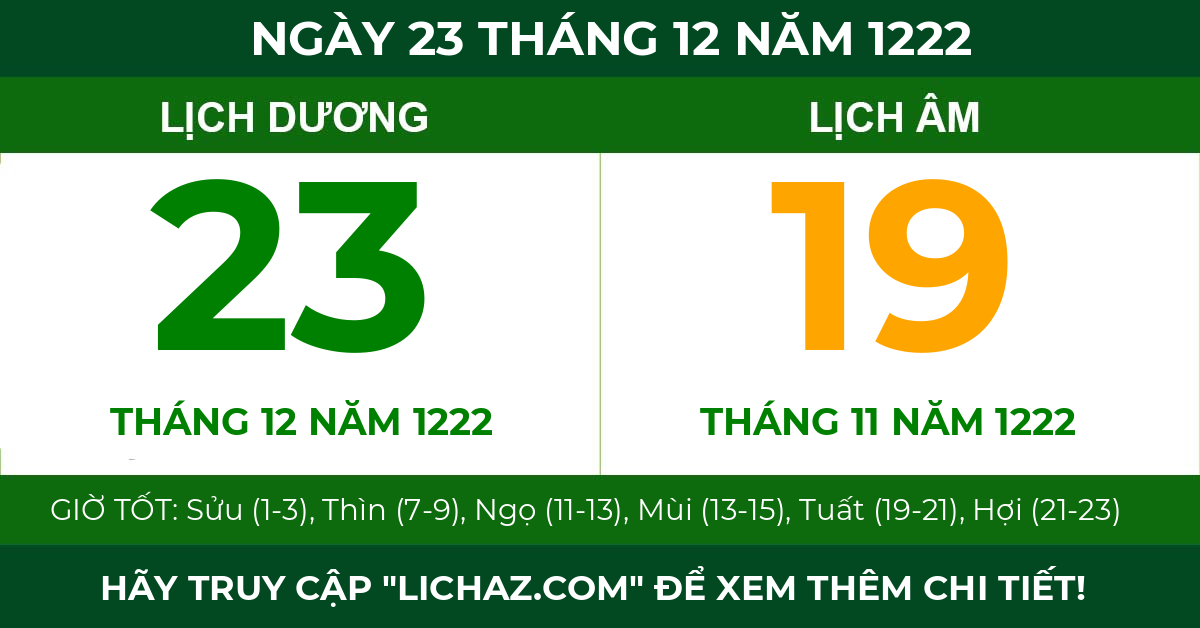 lịch âm ngày 23 tháng 12 năm 1222