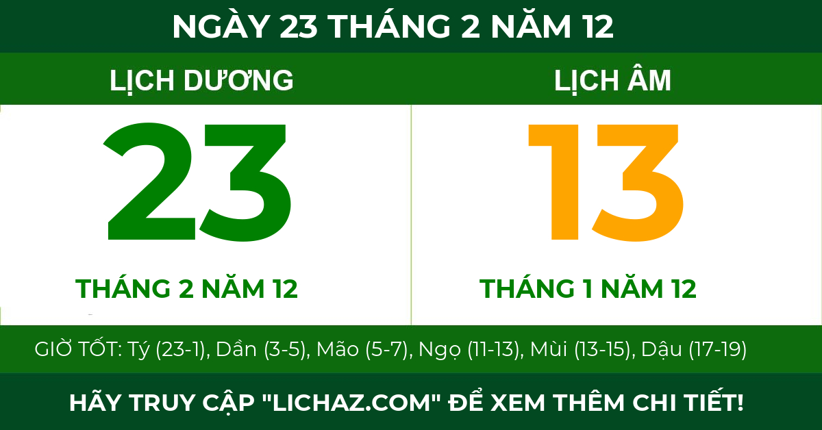 lịch âm ngày 23 tháng 2 năm 12