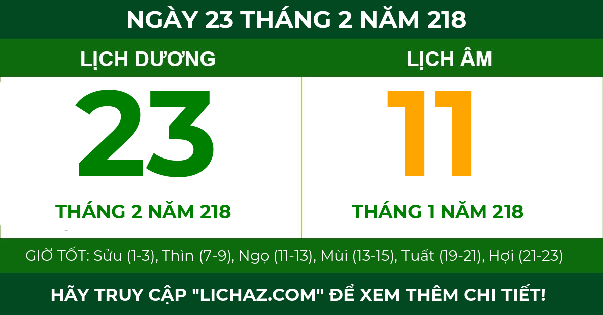 lịch âm ngày 23 tháng 2 năm 218