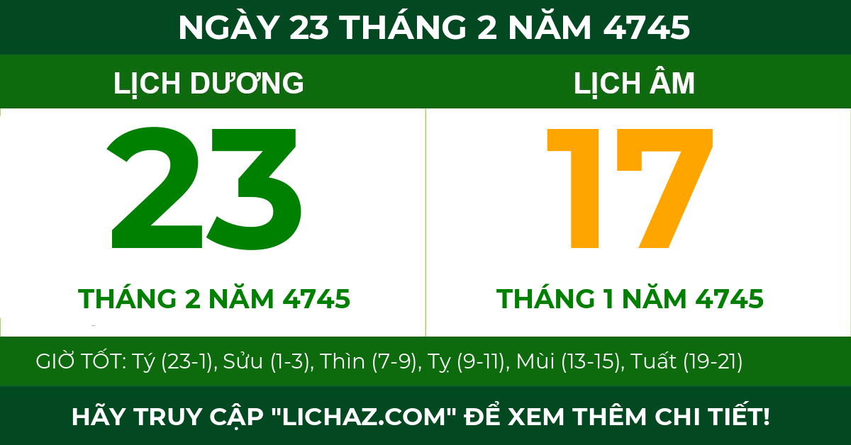 lịch âm ngày 23 tháng 2 năm 4745