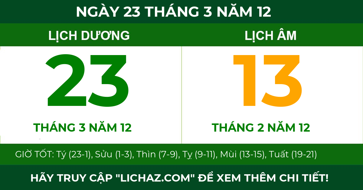 lịch âm ngày 23 tháng 3 năm 12