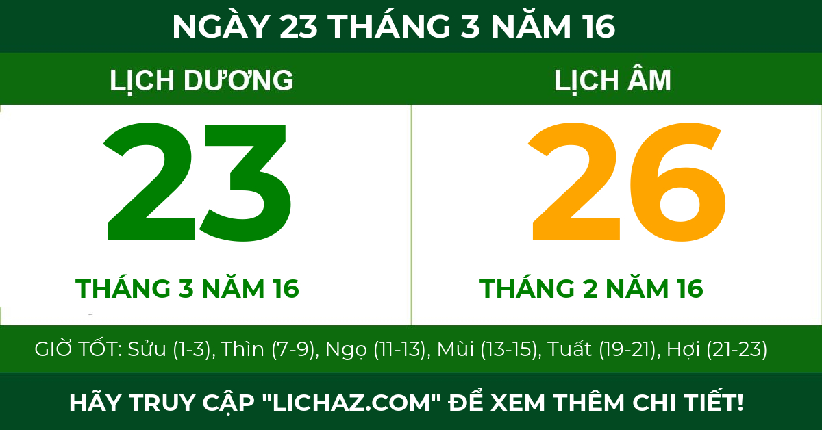 lịch âm ngày 23 tháng 3 năm 16
