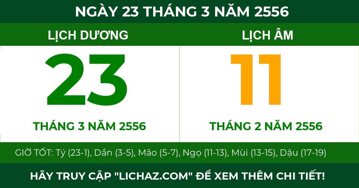 lịch âm ngày 23 tháng 3 năm 2556