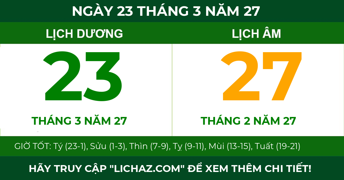 lịch âm ngày 23 tháng 3 năm 27