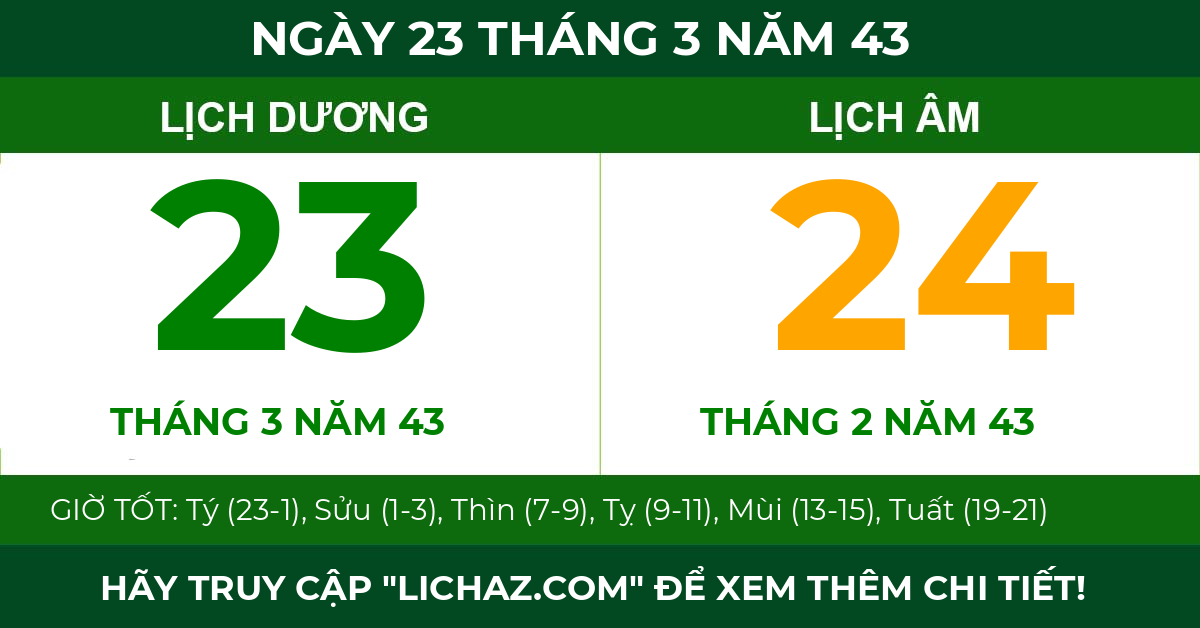 lịch âm ngày 23 tháng 3 năm 43