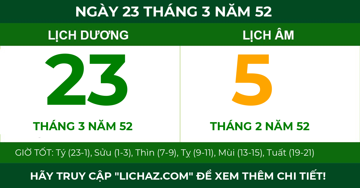 lịch âm ngày 23 tháng 3 năm 52
