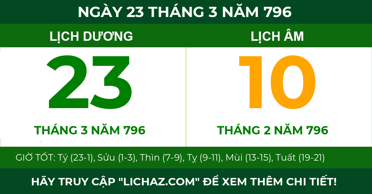 lịch âm ngày 23 tháng 3 năm 796