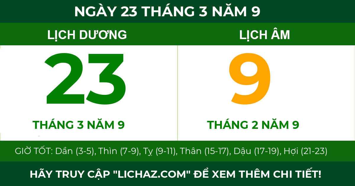 lịch âm ngày 23 tháng 3 năm 9